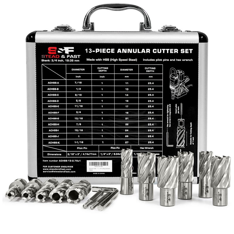 Annular Cutter Set 13 Pcs by SF STEAD FAST Cutting Depth 1 Cutting Diameter 716 to 1116 Inch Mag Drill Bits Kit for Magnetic Drill Press with 2 Pilot Pins