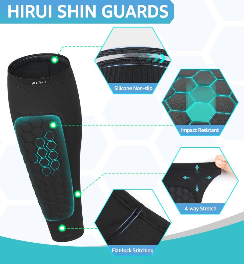 HiRui Soccer Shin Guards Shin Pads for Kids Youth Adult, Calf Compression Sleeve with Honeycomb Pads, Support for Shin Splint Baseball Boxing Kickboxing MTB, Lightweight(1PAIR)(Black, XL) - Image 3