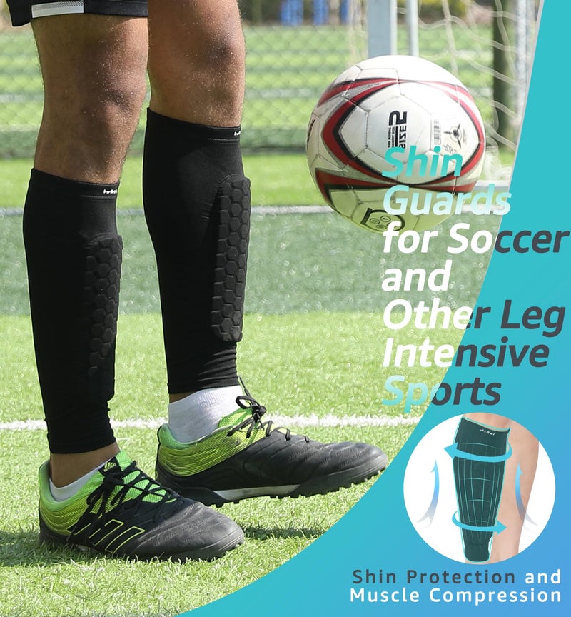HiRui Soccer Shin Guards Shin Pads for Kids Youth Adult, Calf Compression Sleeve with Honeycomb Pads, Support for Shin Splint Baseball Boxing Kickboxing MTB, Lightweight(1PAIR)(Black, XL) - Image 2