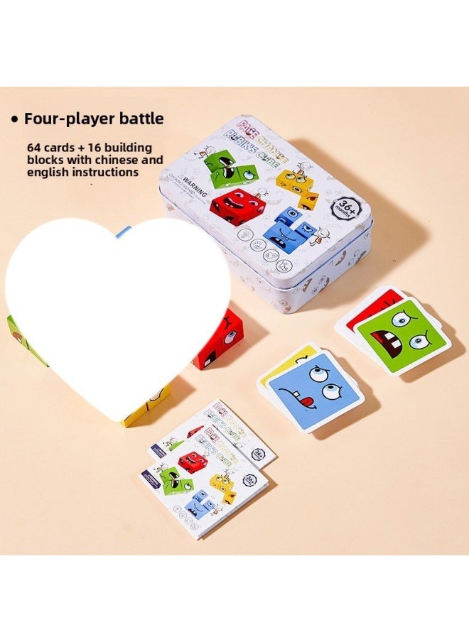 Children's Face-changing Building Blocks Rubik's Cube Smiling Facial Expression Battle 3-6 Year-old Baby's Mold Square Parent-child Interactive Toy Sanmu-Color:Upgraded White Iron Box [iron Box Model] Four-player Battle Face-changing Rubik's Cube  - Image 1