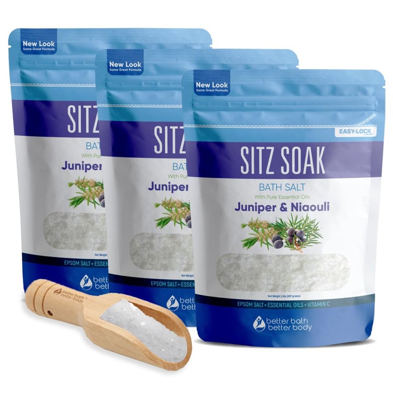 Better Bath Better Body Sitz Bath Salt (3 Pack with Bamboo Scoop) Hemorrhoid Soothing Sitz Soak USP Grade Epsom Salt 3 Pouches 6 Lbs Total with Pure Essential Oils in BPA Free Pouch with Easy Press Seal Made in USA - Image 1