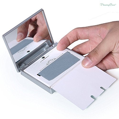 PleasingCare Makeup Mirror with Facial Oil Blotting Paper Sheets - Bamboo Charcoal 100 Counts, Silver Compact Folding Cosmetic Travel Mirror - Image 2