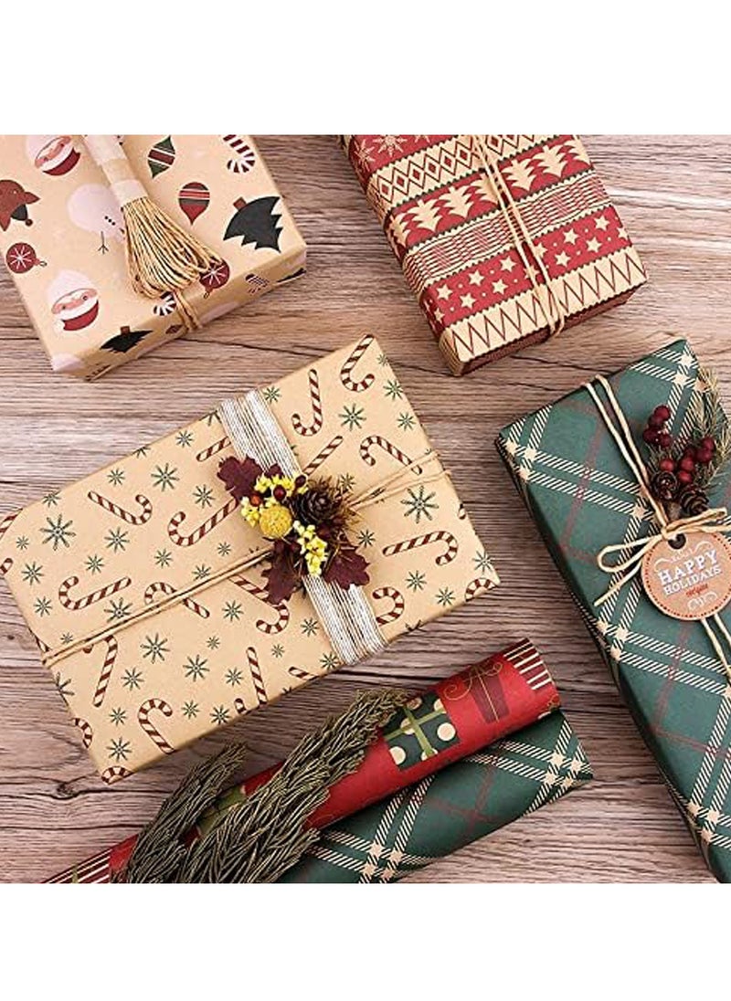 Generic Gift Wrapping Paper, 6 Roll Thickened Wrapping Kraft Paper, Flower & Stripes Wrapping Paper Roll with Kraft Rope and Stickers (19.5" X 27.5")  - Image 3
