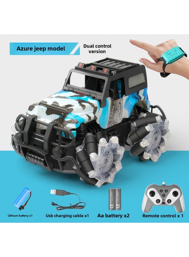 Loquat 2.4G Horizontal Off-road Vehicle Children's Electric Light Gesture Sensing Remote Control Car Rollover Drift Toy Car-Color:Blue Jeep handle Watch Dual Remote Control (single Lithium) - Image 1