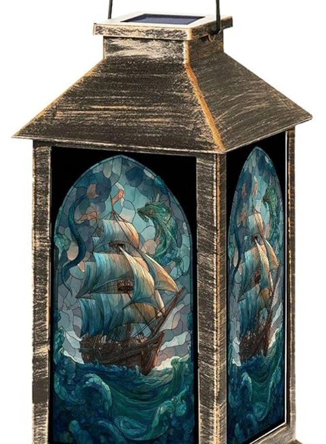 فانوس خارجي معلق يعمل بالطاقة الشمسية بتصميم سفينة قراصنة بحرية بارتفاع 13.5 بوصة - Image 2