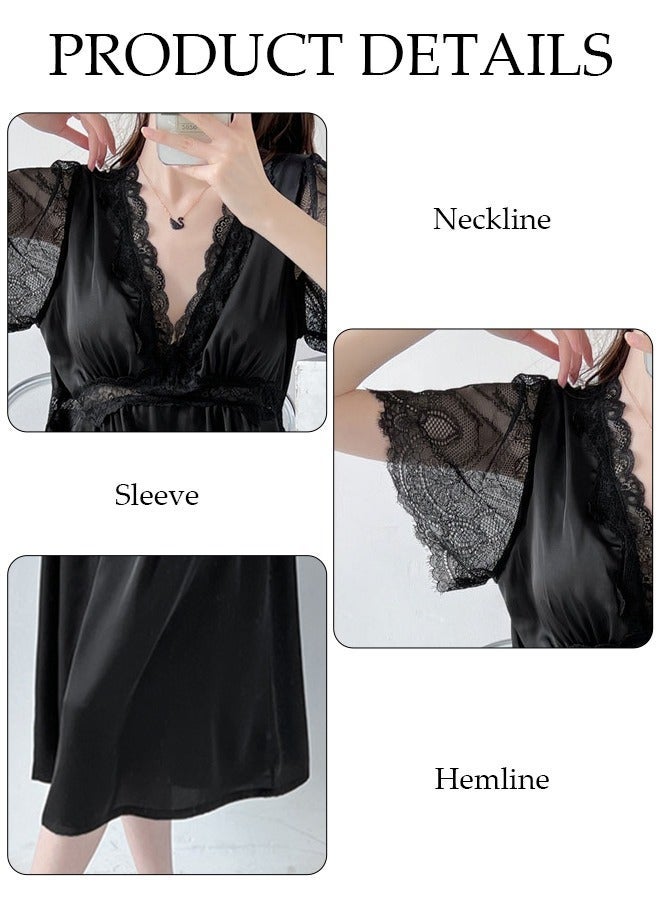 DUNISO Women's Short Sleeve Nightgown Lace Pajama Dress Sleepwear Girls Comfortable V Neck Nightwear Summer Home Wear Lounge Dress - Image 3