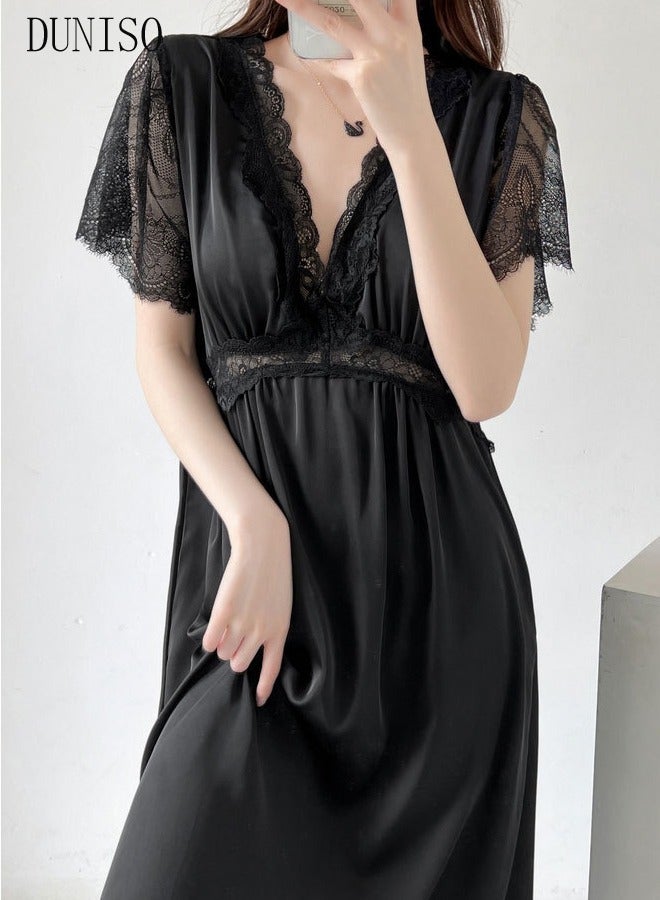 DUNISO Women's Short Sleeve Nightgown Lace Pajama Dress Sleepwear Girls Comfortable V Neck Nightwear Summer Home Wear Lounge Dress - Image 5
