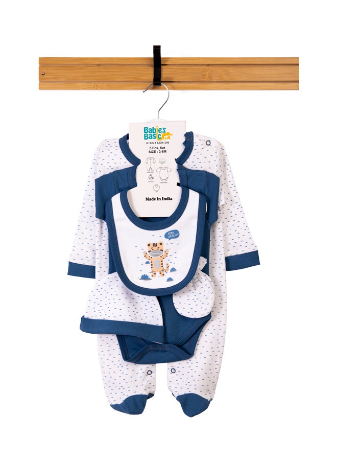 Babies Basic 5 Piece Unisex 100% Cotton Gift Set Include Bib, Romper, Mittens, Cap And Sleepsuit/Jumpsuit- Stay Healthly  - Image 1