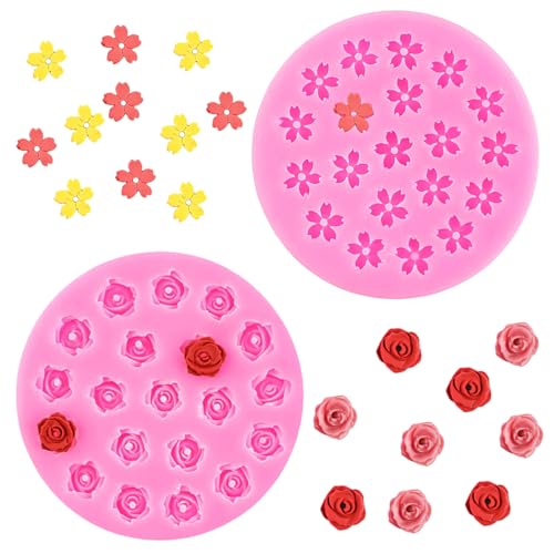 Tecokart® 2 Pcs Silicone Mould for Chocolate Cake Mini Rose & Cherry Blossom Decorations Nail Accessories Resin Crafts Figurines and DIY Accessories Soap Moulds for Soap Making - Image 1