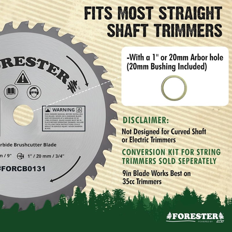 FORESTER Carbide Tip Brush Cutter Blade - 9in x 36 Teeth | Fits Most Straight Shaft Trimmers | Conversion Kit Sold Separately - Image 2