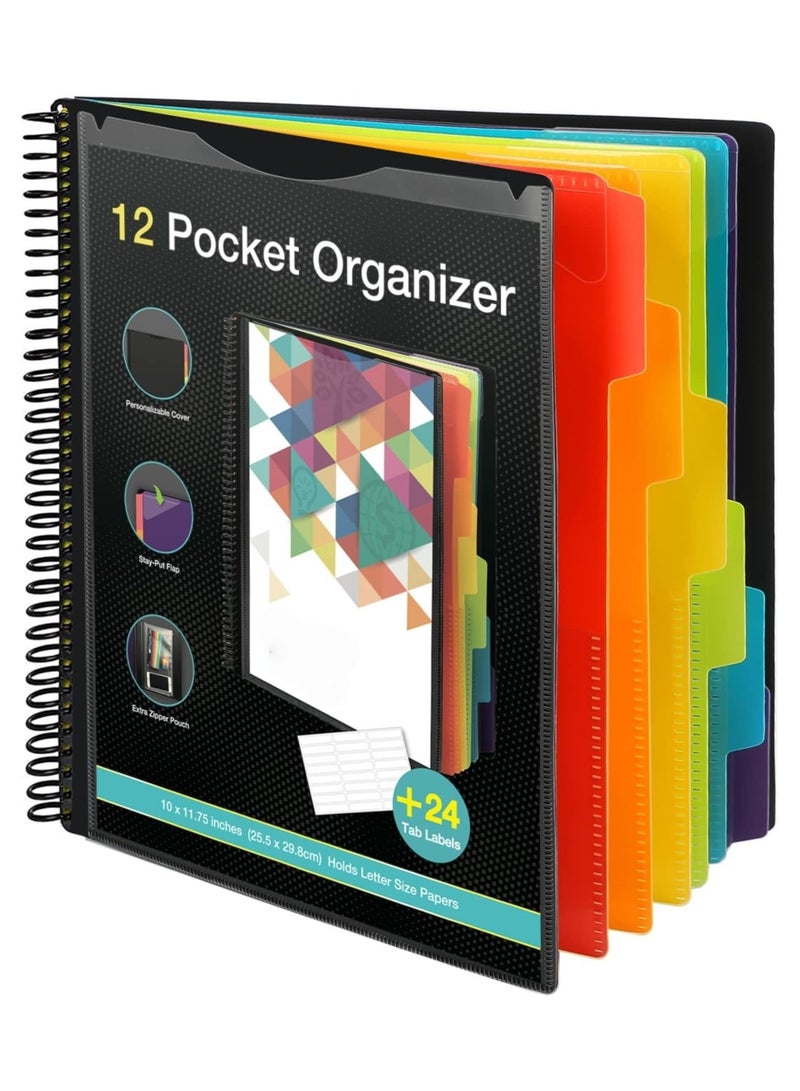 Generic 12 Pocket Poly Project Organizer, Binder Organizer Spiral Project Folder Multi Pocket Folder Binder with Pockets Letter Size, Back Cover Utility Pouch, School Supplies  - Image 1