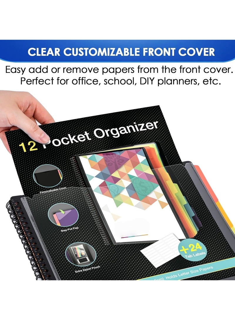 Generic 12 Pocket Poly Project Organizer, Binder Organizer Spiral Project Folder Multi Pocket Folder Binder with Pockets Letter Size, Back Cover Utility Pouch, School Supplies  - Image 2