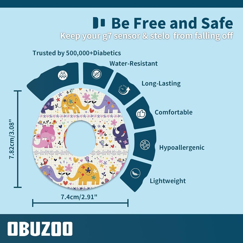 OBUZOO عبوة تحتوي على 10 أغطية لاسلكية مقاومة للماء من نوع G7، متوافقة مع أجهزة Dexcom G7 وStelo، قابلة للتنفس ومرنة، توفر حماية لمدة 10 إلى 15 يومًا، وتحتوي على ثقوب للتهوية. - Image 3