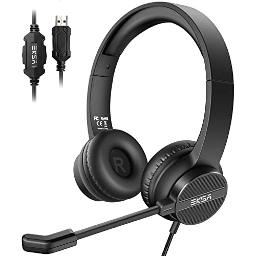 EKSA USB Headset with Microphone for PC Laptop, Wired Computer Headset Environmental Noise Canceling Headphones with Mic Mute & Volume Control, On Ear Lightweight Comfort for Work, Office/Call Center/Skype - Image 1