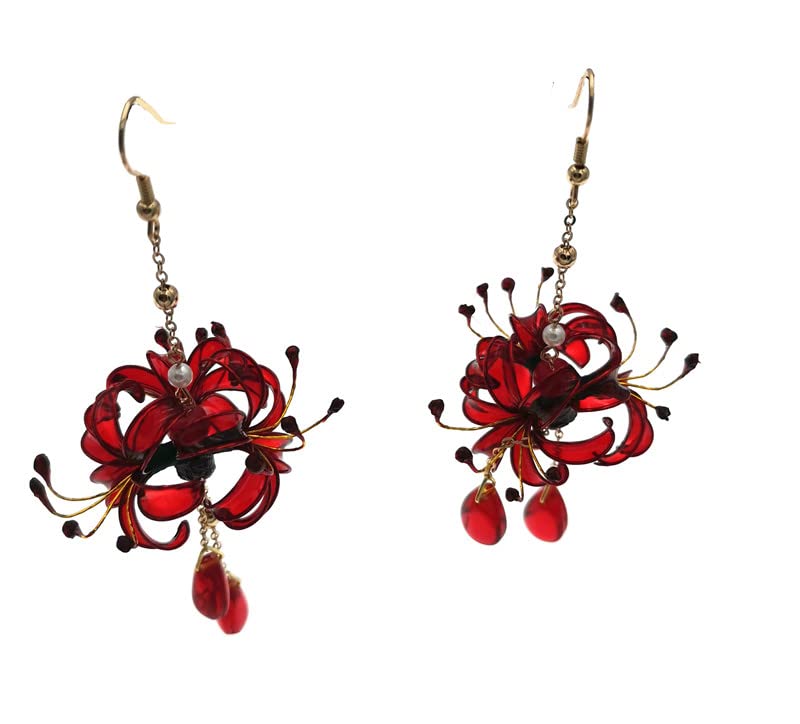 MIAO WU 1Pair Handmade Women Lycoris radiata Flower Earring, Ancient Hanfu Kimono Jewelry Eardrop,Artificial Ear Dangle Drop for Bridal Wedding Party Cosplay Decorations - Image 3
