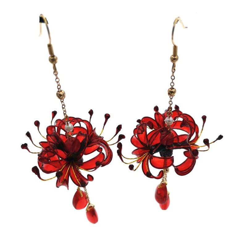 MIAO WU 1Pair Handmade Women Lycoris radiata Flower Earring, Ancient Hanfu Kimono Jewelry Eardrop,Artificial Ear Dangle Drop for Bridal Wedding Party Cosplay Decorations - Image 2