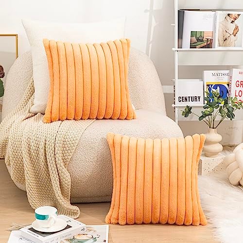 Uhomy Set of 2 Faux Fur Halloween Throw Pillow Cover Luxury Super Soft Fuzzy Striped Furry Pillowcase for Sofa Couch Bedroom Comfy Thick Fluffy Plush Cushion Cover 20x20 Inch Orange 50 cm - Image 2