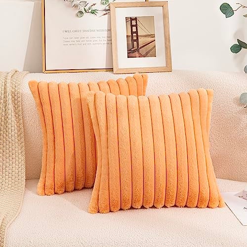 Uhomy Set of 2 Faux Fur Halloween Throw Pillow Cover Luxury Super Soft Fuzzy Striped Furry Pillowcase for Sofa Couch Bedroom Comfy Thick Fluffy Plush Cushion Cover 20x20 Inch Orange 50 cm - Image 1