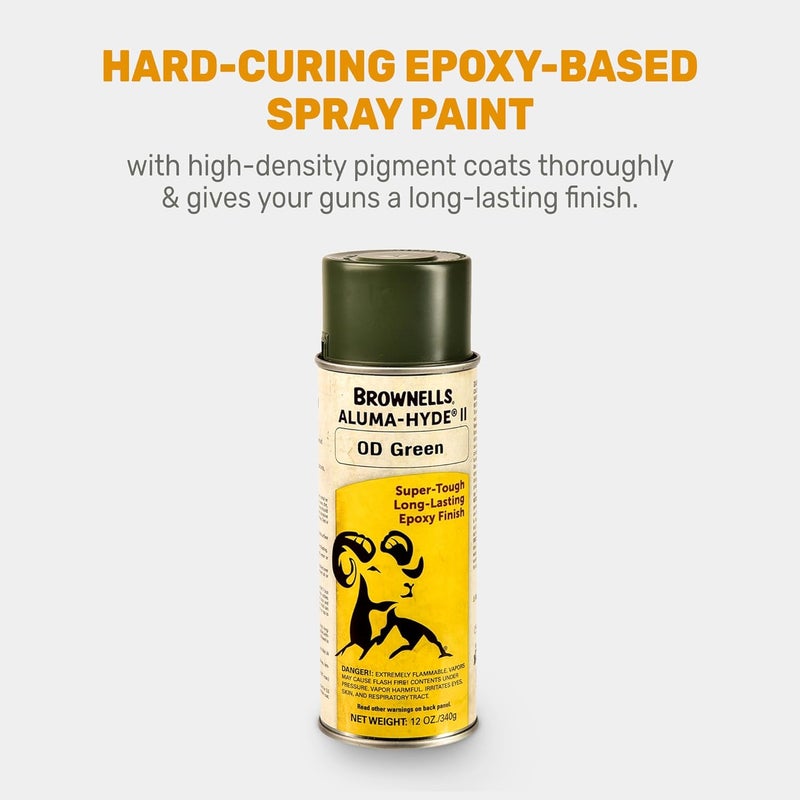 Brownells Aluma-Hyde II Epoxy Based Firearm Finish Spray Coating Protection Paint, Aerosol Can, 12 oz. (340g) OD Green - Image 1