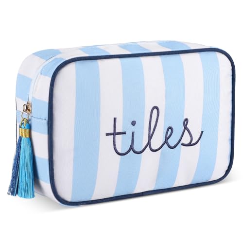 Sanwuta Mahjong Tile Bag with Zipper Striped Embroidered Mahjong Storage Pouch Mah Jong Bags for Tiles Board Game Pieces Game Party Travel Gatherings AccessoriesBlueClassic - Image 1
