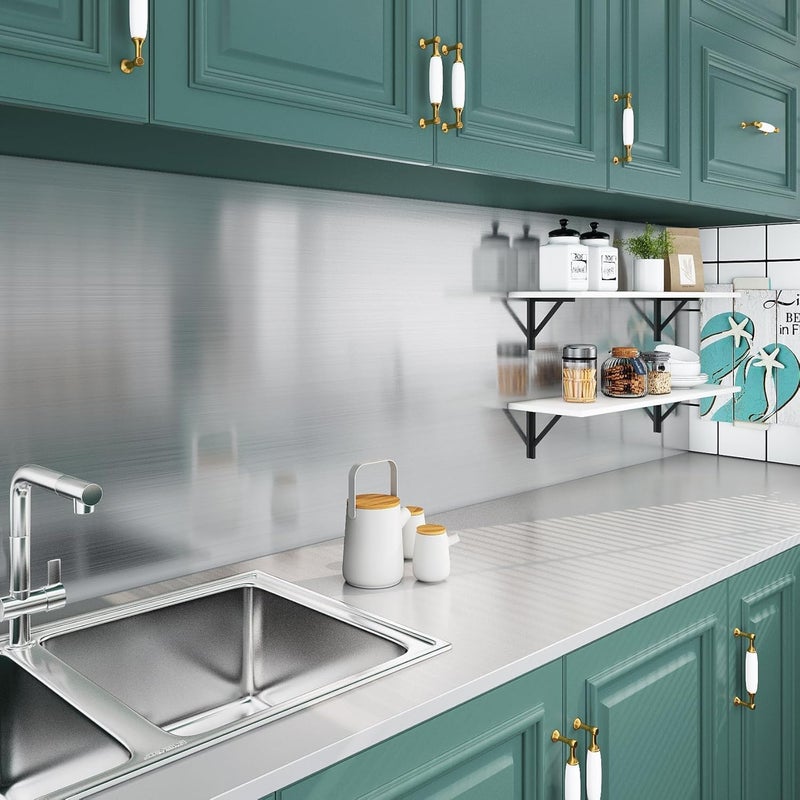 Livelynine ورق حائط Livelynine مقاس 15.8 × 394 بوصة من النيكل المصقول ذاتي اللصق، ورق فولاذ مقاوم للصدأ زخرفي لأسطح العمل، ورق حائط زخرفي للمطبخ والميكروويف وغسالة الأطباق والثلاجات والفرن ومجففات الملابس - Image 3