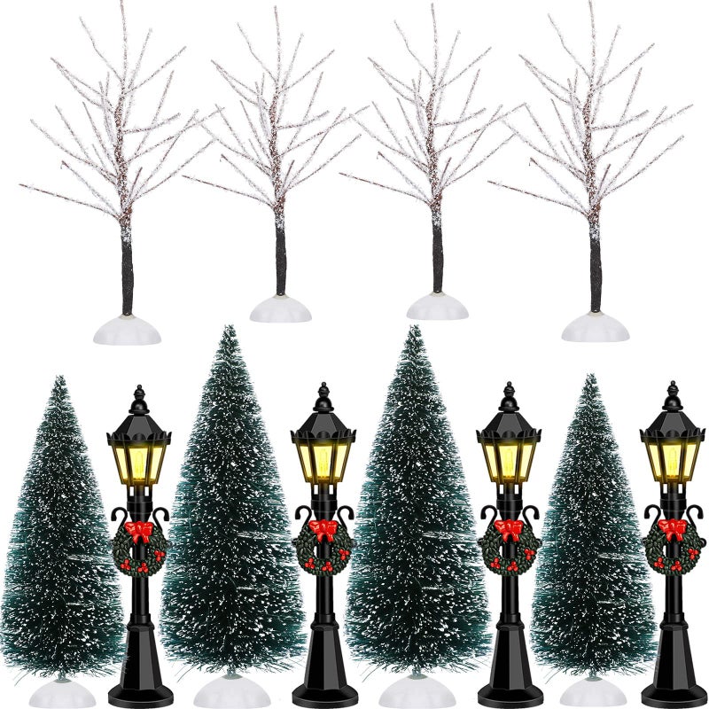 Coume Couome Christmas Village Decor Set 12 Pieces Including Mini Trees and Street Lamps Ideal for Displays