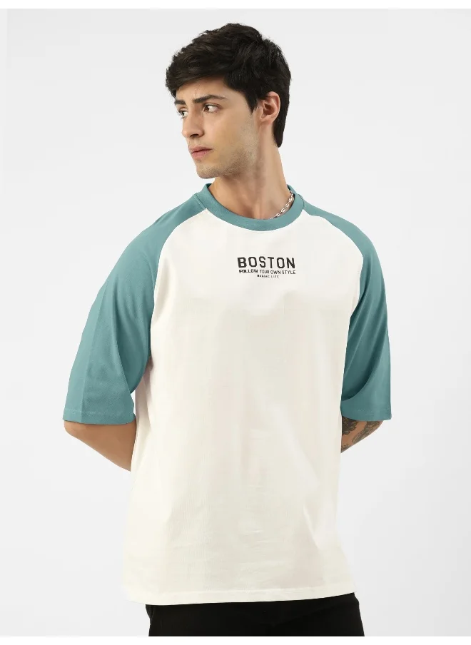 مانياك Mens Printed Round Neck raglan 3/4th Sleeve White and Turkey Blue Cotton Oversized Tshirt