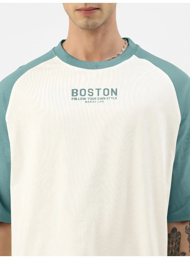 Maniac  Mens Printed Round Neck raglan 3/4th Sleeve White and Turkey Blue Cotton Oversized Tshirt for Men | Best Price UAE