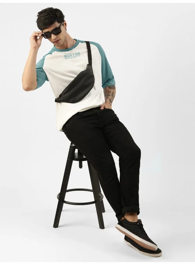 Maniac  Mens Printed Round Neck raglan 3/4th Sleeve White and Turkey Blue Cotton Oversized Tshirt for Men | Best Price UAE