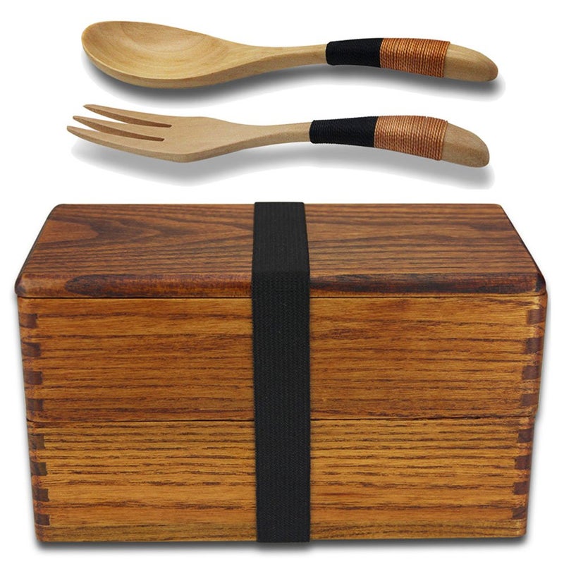 AOOSY Wood Bento Box Lunch boxes Japanese Traditional Natural Square Wooden Lunch Containers Womens Mens Adult Wood Bento Box with Spoon Fork kit