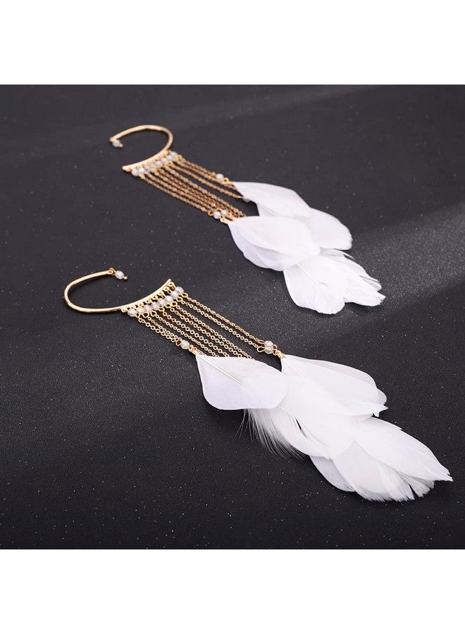 Jumwrit Feather Ear Cuff Earrings Tassel Feather Dangle Drop Long Chain Earrings Beaded Ear Crawler Climber Non Piercing Ear Wrap Cuffs Earrings For Women Girls (White) - Image 5