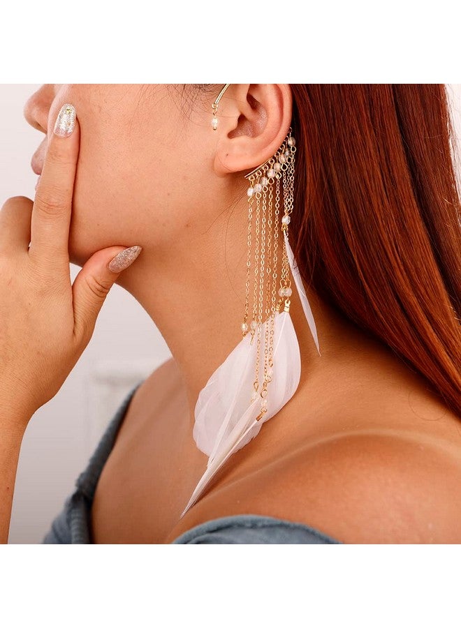 Jumwrit Feather Ear Cuff Earrings Tassel Feather Dangle Drop Long Chain Earrings Beaded Ear Crawler Climber Non Piercing Ear Wrap Cuffs Earrings For Women Girls (White) - Image 3