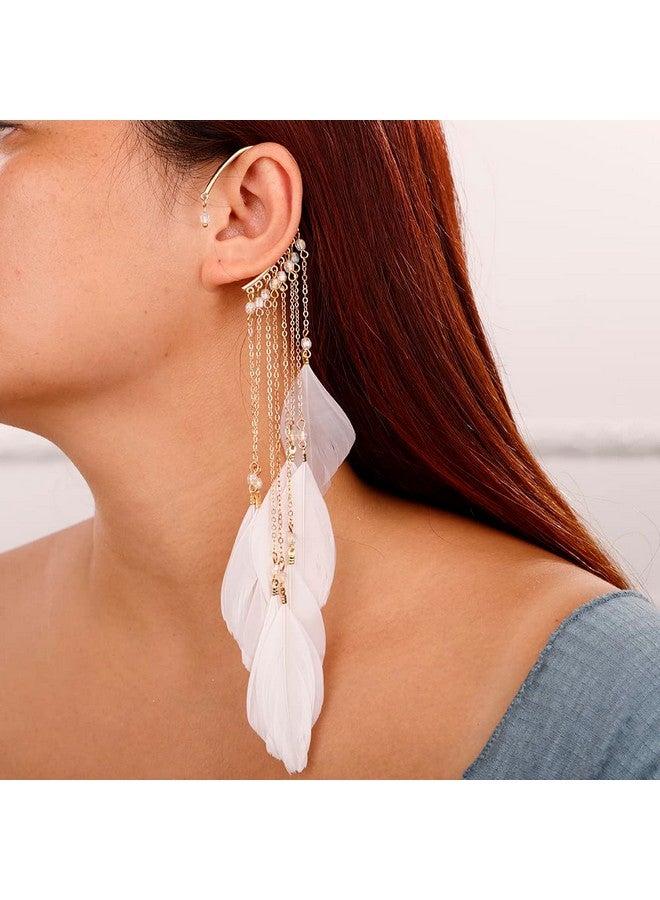 Jumwrit Feather Ear Cuff Earrings Tassel Feather Dangle Drop Long Chain Earrings Beaded Ear Crawler Climber Non Piercing Ear Wrap Cuffs Earrings For Women Girls (White) - Image 2