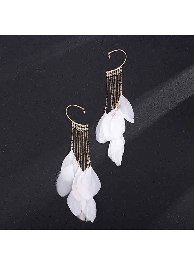 Jumwrit Feather Ear Cuff Earrings Tassel Feather Dangle Drop Long Chain Earrings Beaded Ear Crawler Climber Non Piercing Ear Wrap Cuffs Earrings For Women Girls (White) - Image 4