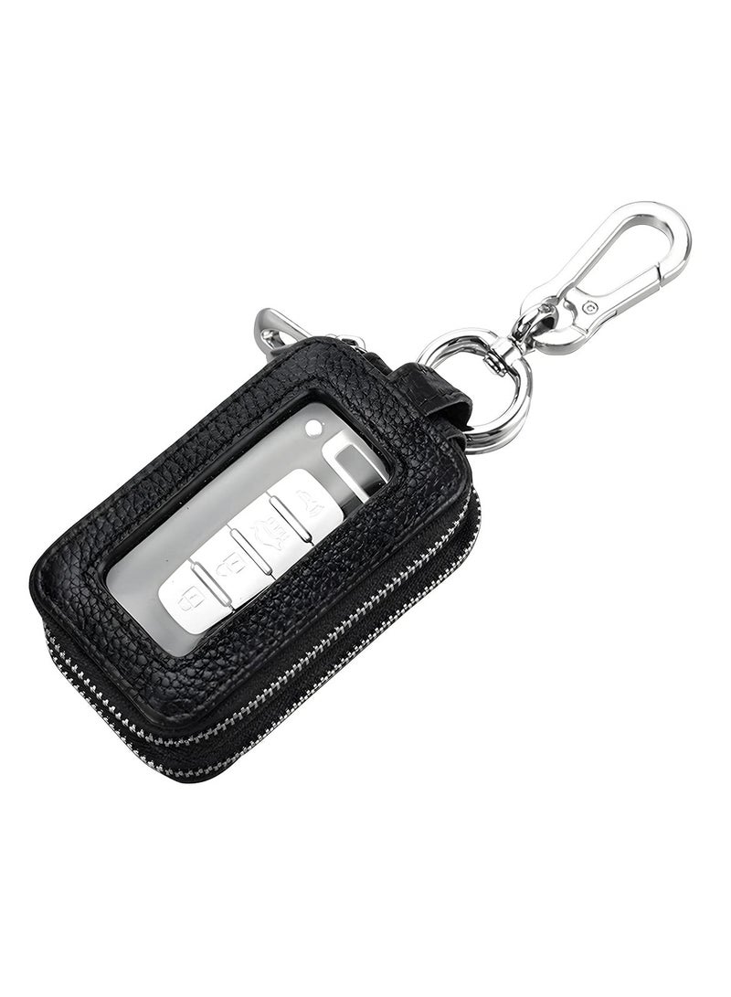 Zikra Car Key Fob Case, Genuine Leather Car Smart Key with Lanyard and Zipper Closure, Key Protection Cover for Men Women Fob Holder for Remote Key Fob(Black) - Image 1