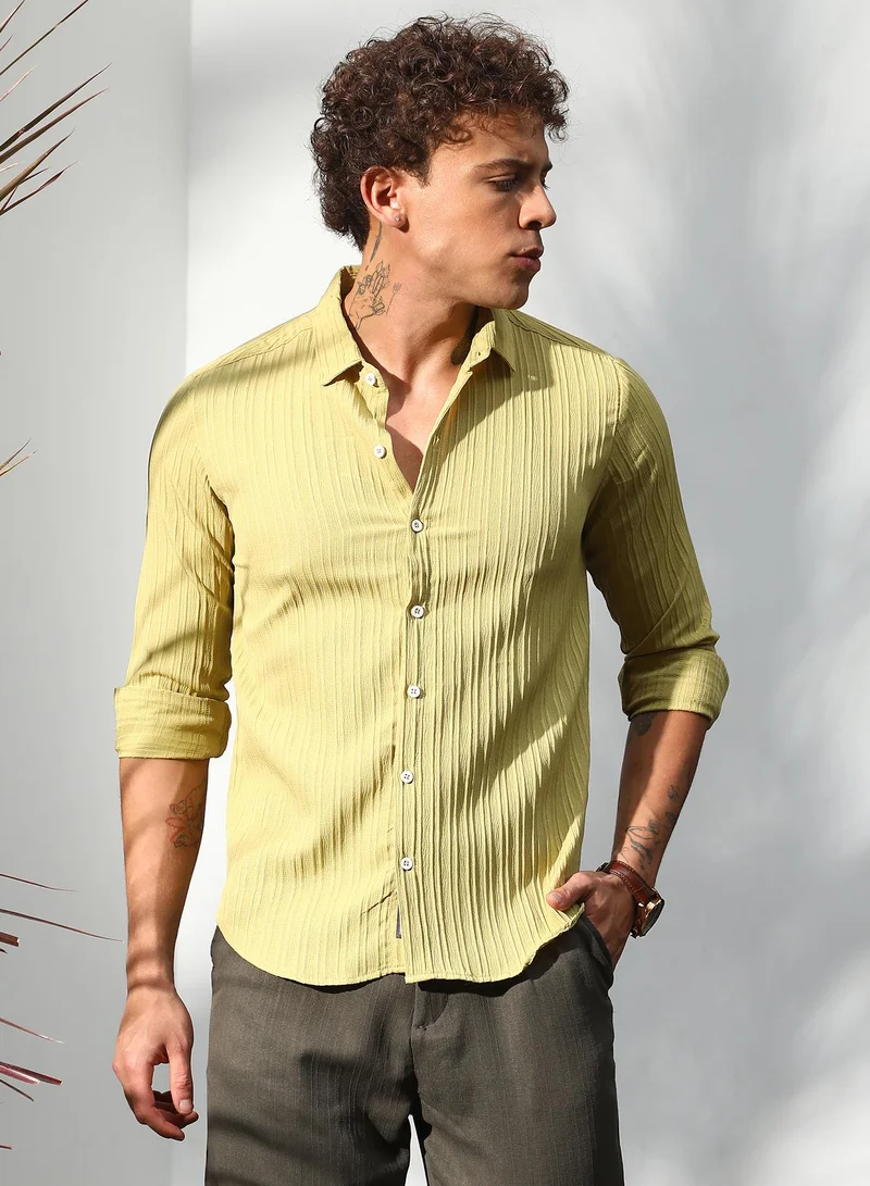 Campus Sutra Men's Naples Yellow Self-Design Striped Shirt For Casual Wear | Spread Collar | Long Sleeve | Button Closure | Shirt Crafted With Comfort Fit For Everyday Wear