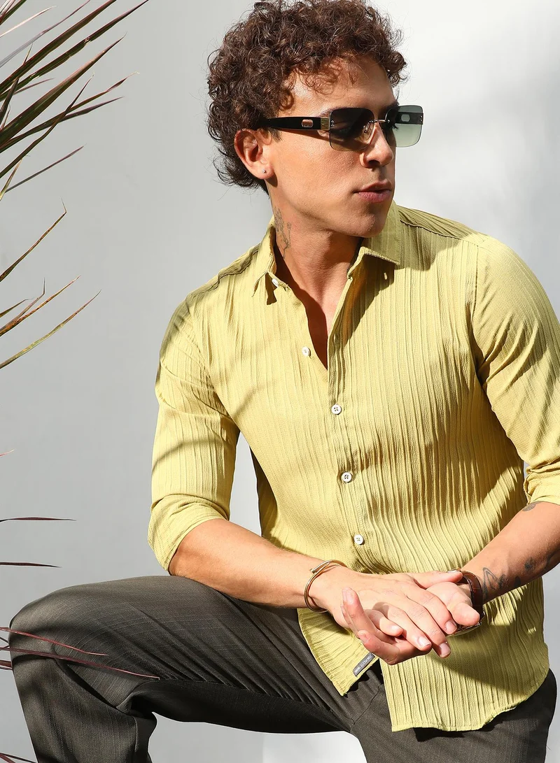 CAHOOT Yellow Men's Naples Yellow Self-Design Striped Shirt For Casual Wear | Spread Collar | Long Sleeve | Button Closure | Shirt Crafted With Comfort Fit For Everyday Wear for Men | Best Price UAE