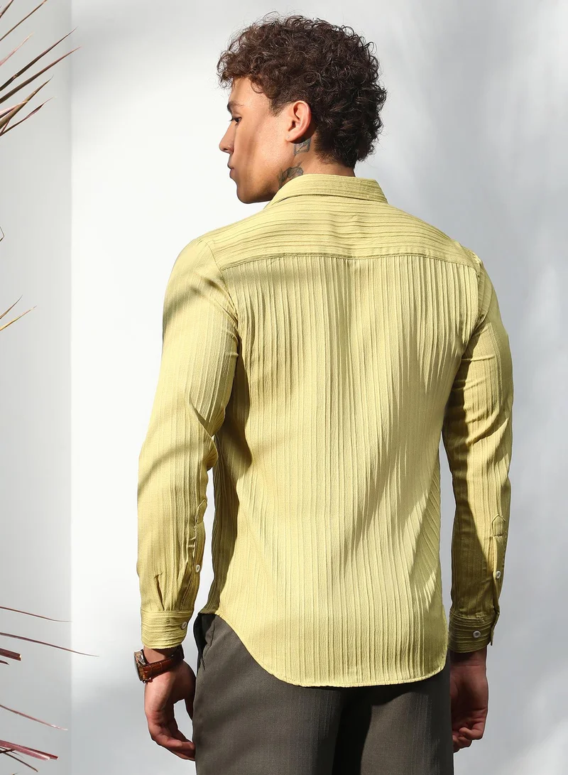 CAHOOT Yellow Men's Naples Yellow Self-Design Striped Shirt For Casual Wear | Spread Collar | Long Sleeve | Button Closure | Shirt Crafted With Comfort Fit For Everyday Wear for Men | Best Price UAE