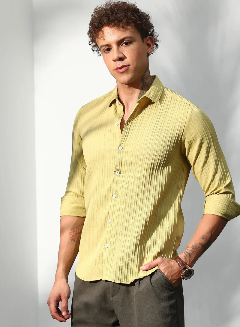 Campus Sutra Men's Naples Yellow Self-Design Striped Shirt For Casual Wear | Spread Collar | Long Sleeve | Button Closure | Shirt Crafted With Comfort Fit For Everyday Wear