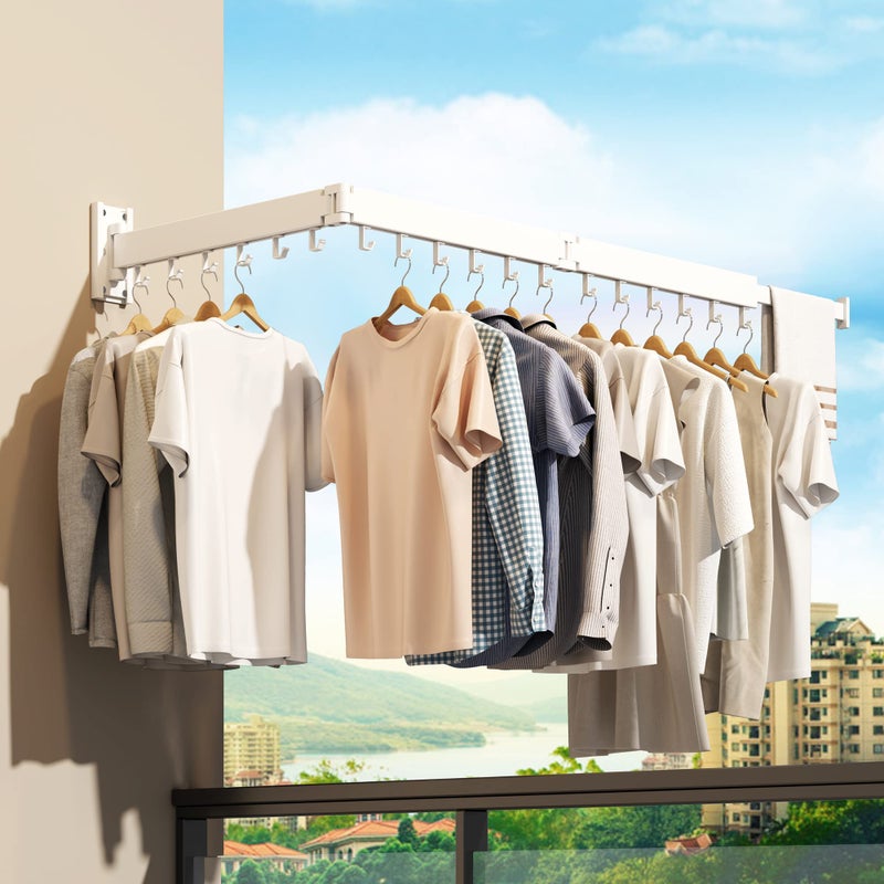 HEILAIYI Clothes Drying Rack,Laundry Drying rack,Wall Mounted Clothes Rack,Clothes Hanging Rack,Laundry Rack Wall Mount,Folding Retractable Collapsible Drying Rack Clothing (Three-Poles,J Hooks,White) - Image 3