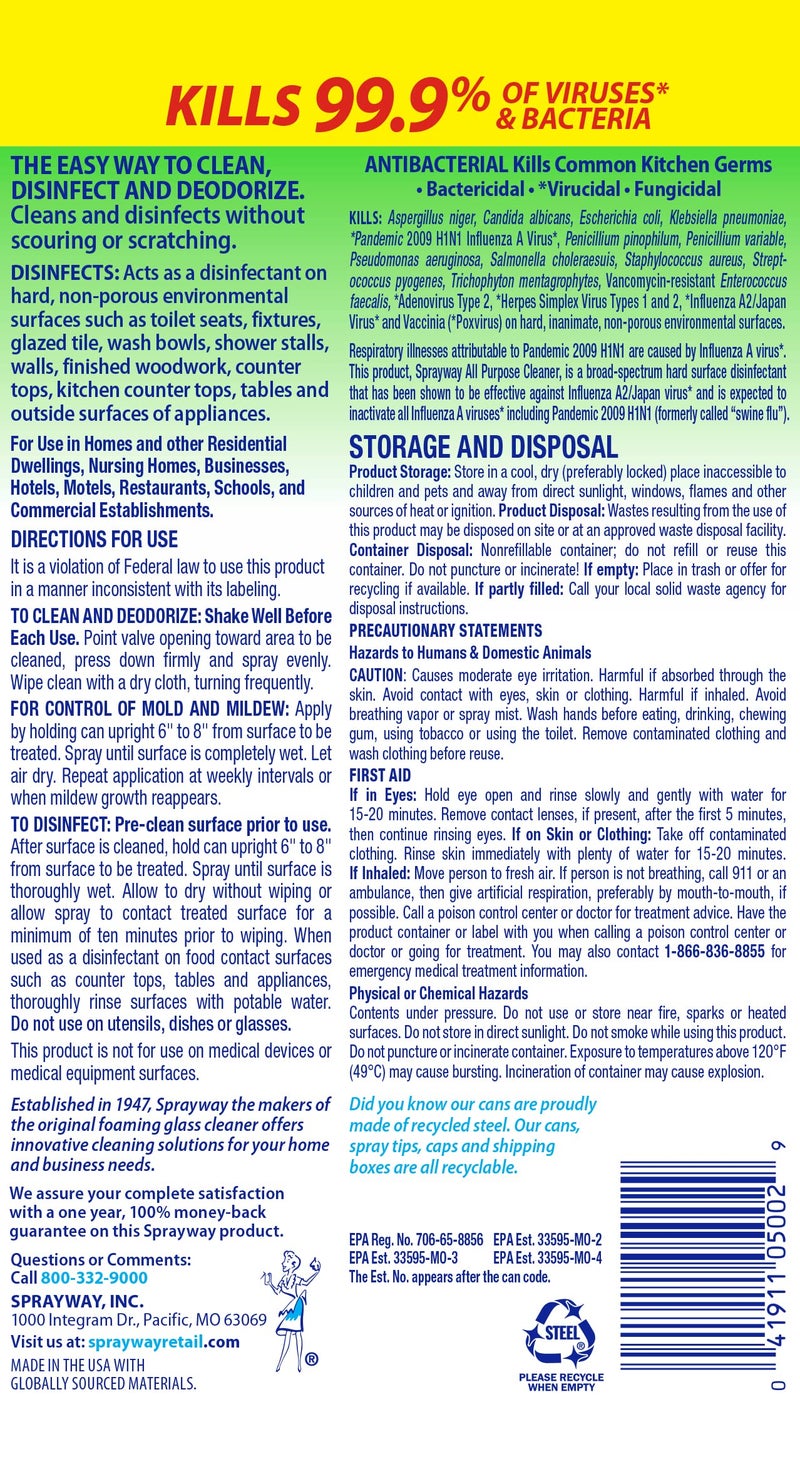 Sprayway All Purpose Disinfectant Cleaner, Foaming Action, 19 Ounce - Image 1