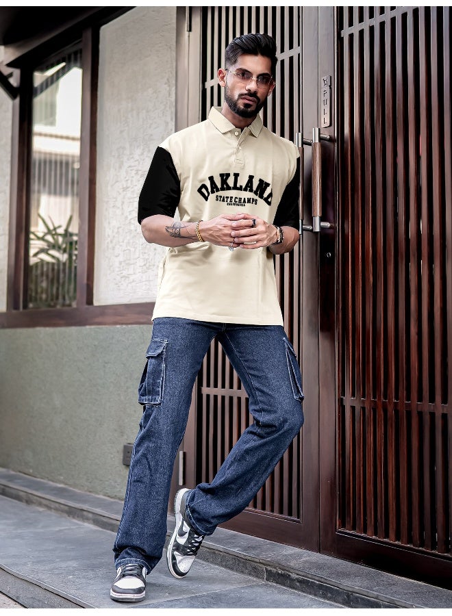 Maniac Mens printed polo neck half sleeve biscuit and black cotton oversized t-shirt - Image 5
