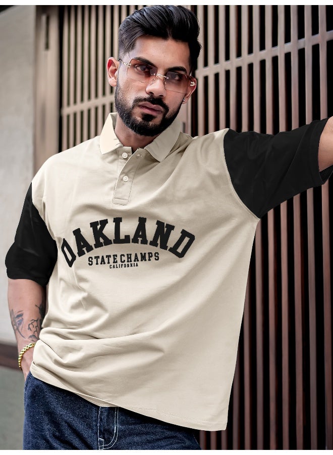 Maniac Mens printed polo neck half sleeve biscuit and black cotton oversized t-shirt - Image 1