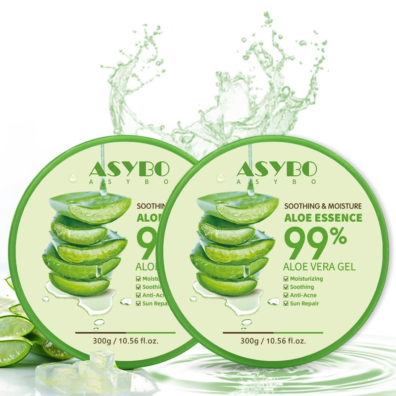 ASYBO 300x2 ML Natural Aloe Vera Gel -Organic Moisturizing Aloe Vera, Soothing and Hydrating, Sunburn and Scar Repair, After Sun Care for Face Body Hair - Image 1