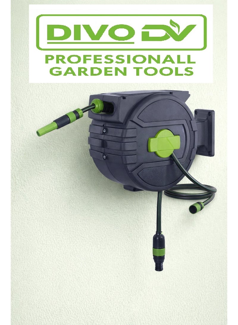 Divo Automatic Wall-Mounted Retractable Garden Hose Reel 25M — Any-Length Lock + Auto Rewind — 180° Swivel — Heavy-Duty UV & Weather Resistant Case — Model DIVO – Brand DVO714-3 - Image 1