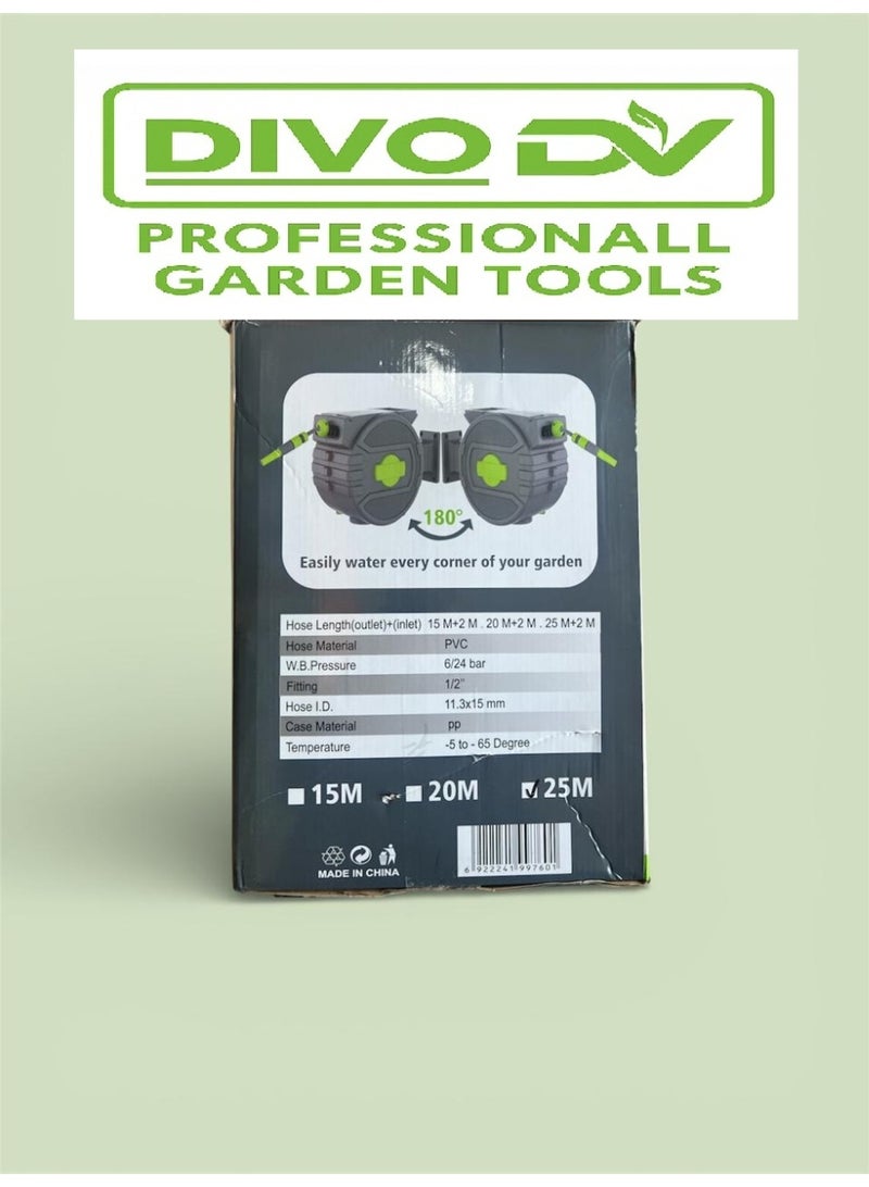 Divo Automatic Wall-Mounted Retractable Garden Hose Reel 25M — Any-Length Lock + Auto Rewind — 180° Swivel — Heavy-Duty UV & Weather Resistant Case — Model DIVO – Brand DVO714-3 - Image 4