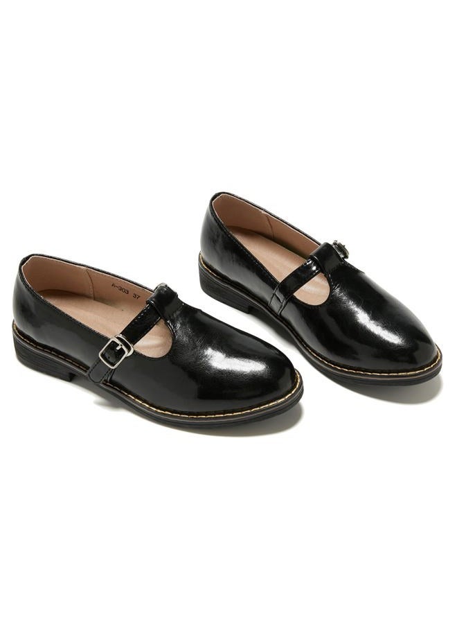 TRULAND Women's Leather Mary Jane Oxfords Shoes - Slip On T-Strap Loafers Casual Closed Toe Dressy Flats Shoes for Office Work (9,All Black) - Image 3