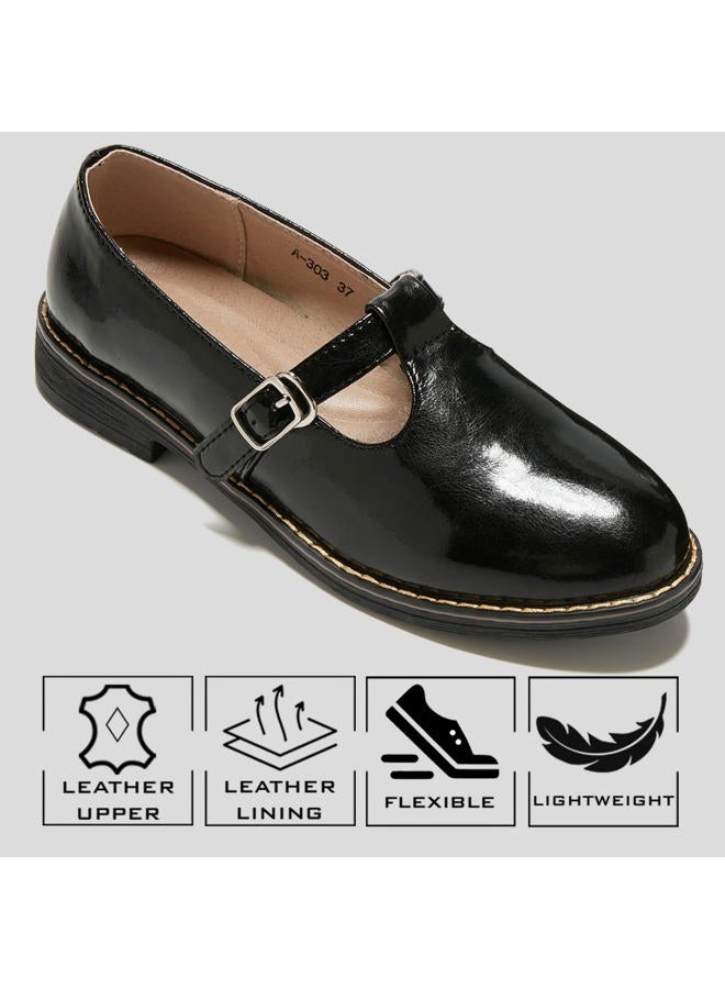 TRULAND Women's Leather Mary Jane Oxfords Shoes - Slip On T-Strap Loafers Casual Closed Toe Dressy Flats Shoes for Office Work (9,All Black) - Image 2