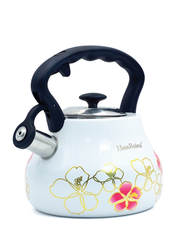 HausRoland Whistling Tea Kettle, 3 Liter, Stainless Steel Teapot, with Floral Pattern, Nylon Handle, Ergonomic Button, Whistling Spout, Cool Touch, Fast Boiling Kitchen Utensil  - Image 1