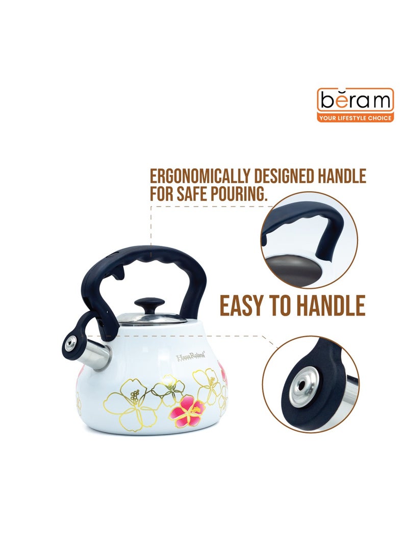 HausRoland Whistling Tea Kettle, 3 Liter, Stainless Steel Teapot, with Floral Pattern, Nylon Handle, Ergonomic Button, Whistling Spout, Cool Touch, Fast Boiling Kitchen Utensil  - Image 3